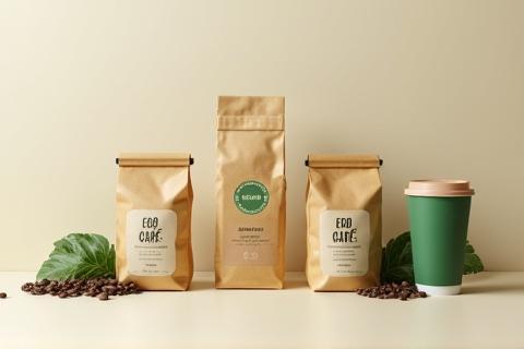 Branding and packaging design examples for a fictional coffee brand called EcoCafe