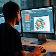 Designer working on a computer creating visuals
