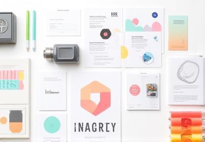 Examples of graphic design work including logos and print materials